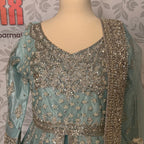 Bridal maxi for barat BM018 maxi close up – kora nakshi jewelry hand work detail on ice blue net fabric
