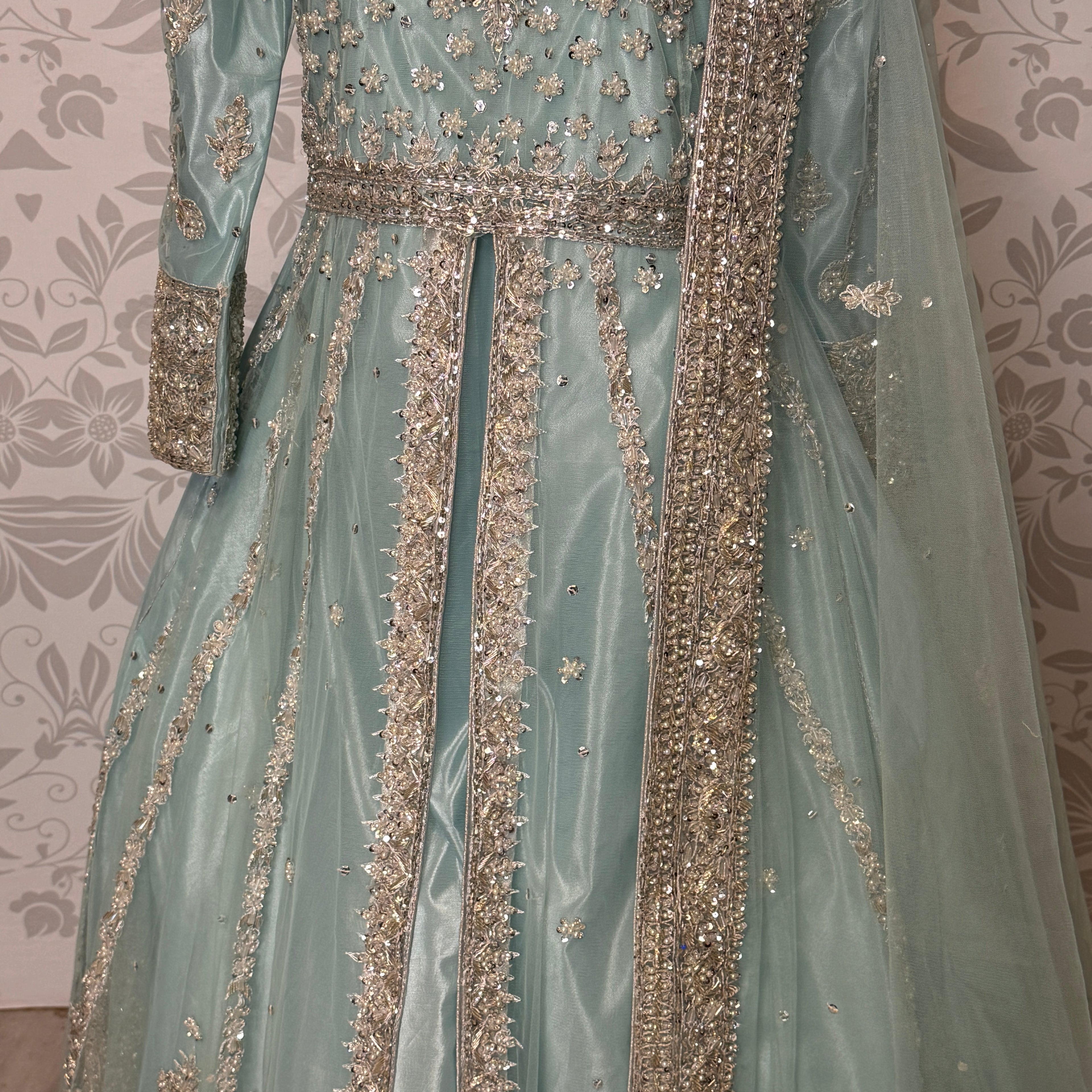 Maxi dress for wedding BM018 sleeves detail – heavy hand work on ice blue net bridal maxi Pakistan
