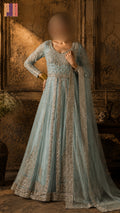 Bridal maxi BM018 full view – ice blue net with kora nakshi jewelry hand work double inner and back border Pakistani wedding maxi dress
