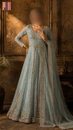Bridal maxi BM018 full view – ice blue net with kora nakshi jewelry hand work double inner and back border Pakistani wedding maxi dress
