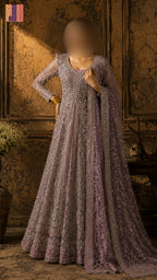 Bridal maxi BM019 full view – lalic net with machine stone hand work double inner and back tail Pakistani wedding maxi dress
