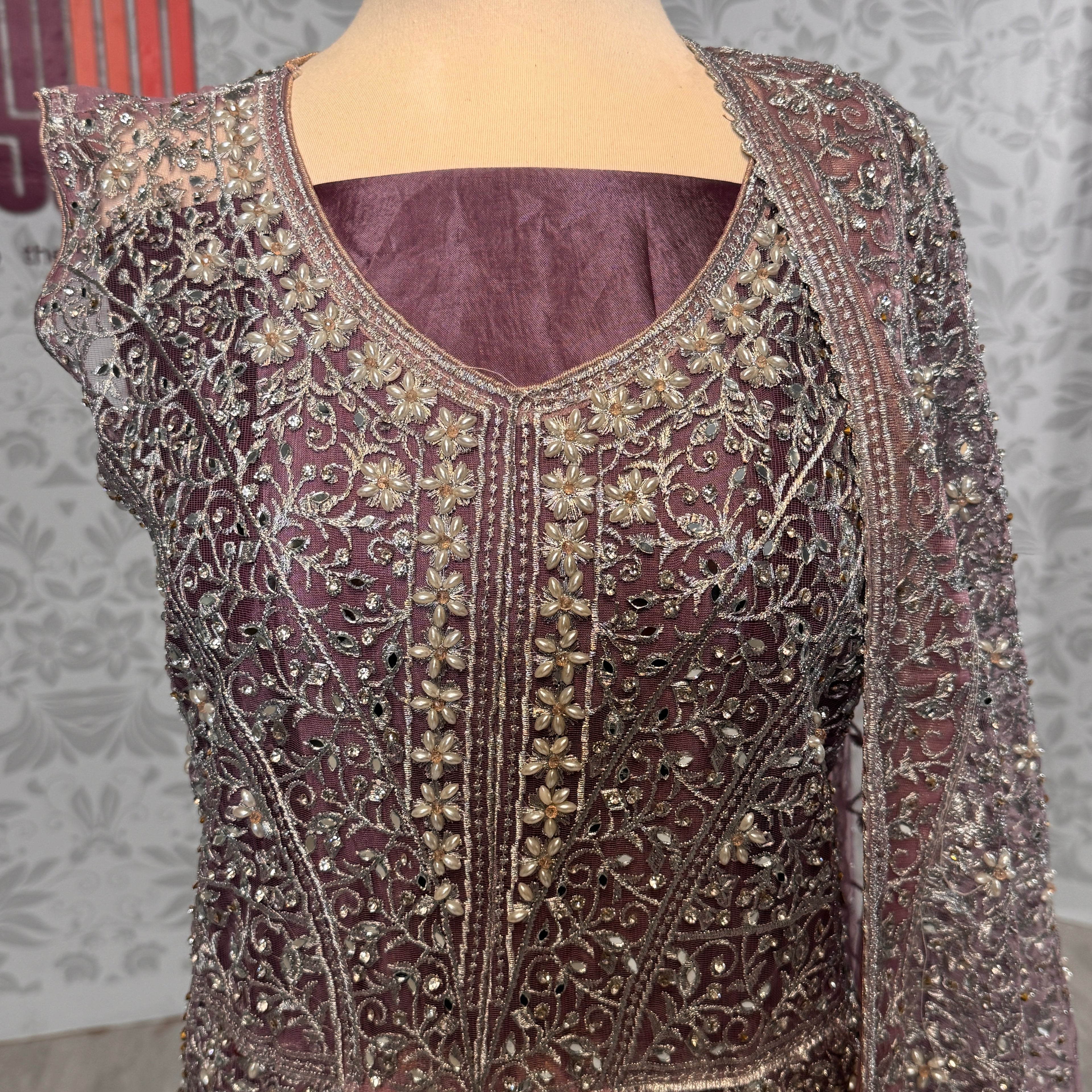 Bridal maxi for barat BM019 maxi close up – machine stone hand work detail on lalic net fabric
