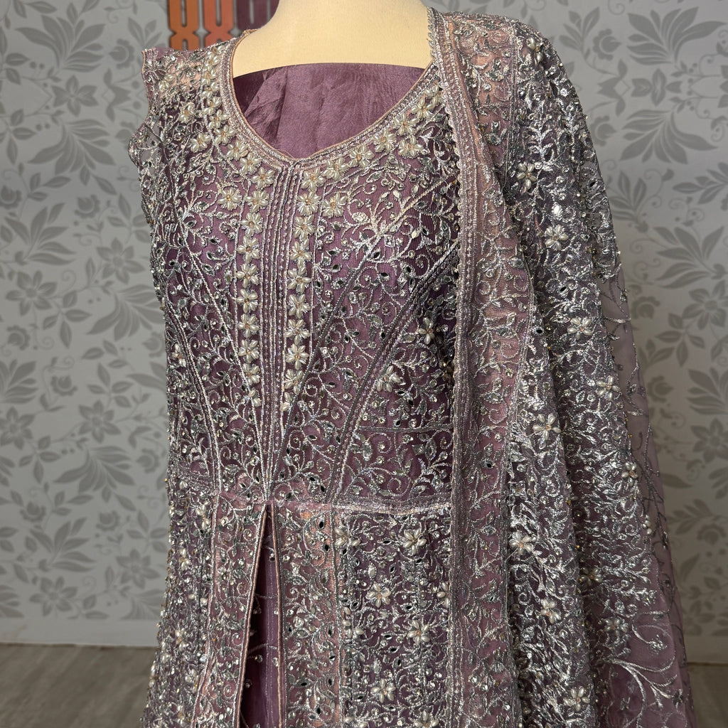 Bridal maxi for barat BM019 maxi close up – machine stone hand work detail on lalic net fabric
