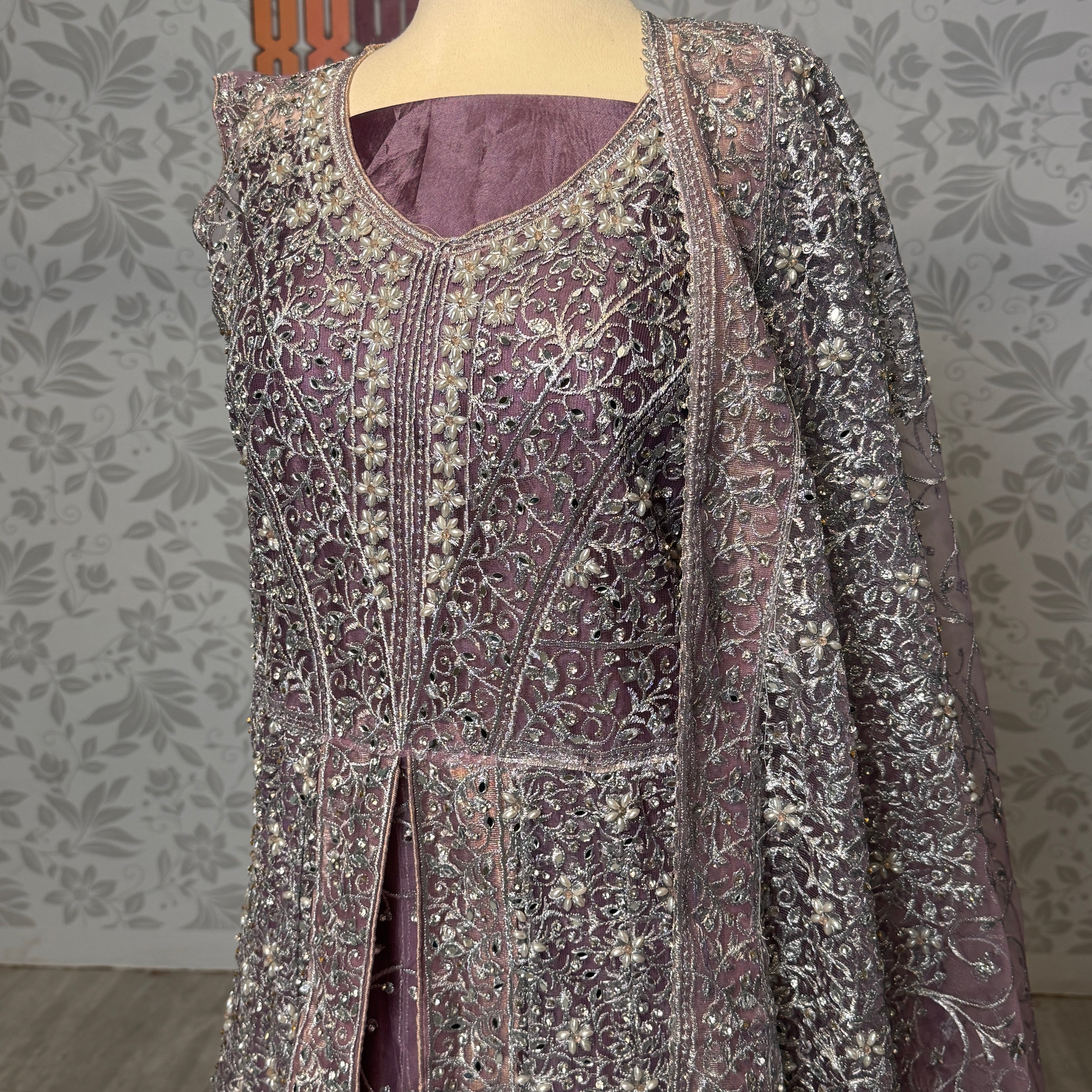 Bridal maxi for barat BM019 maxi close up – machine stone hand work detail on lalic net fabric
