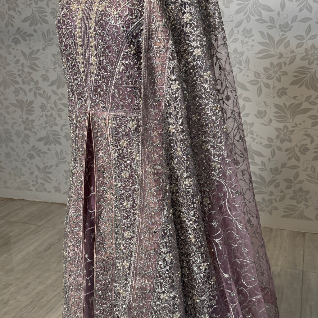 Bridal maxi for nikkah BM019 back tail view – lalic net with machine stone embroidery and dramatic flowing tail Pakistan
