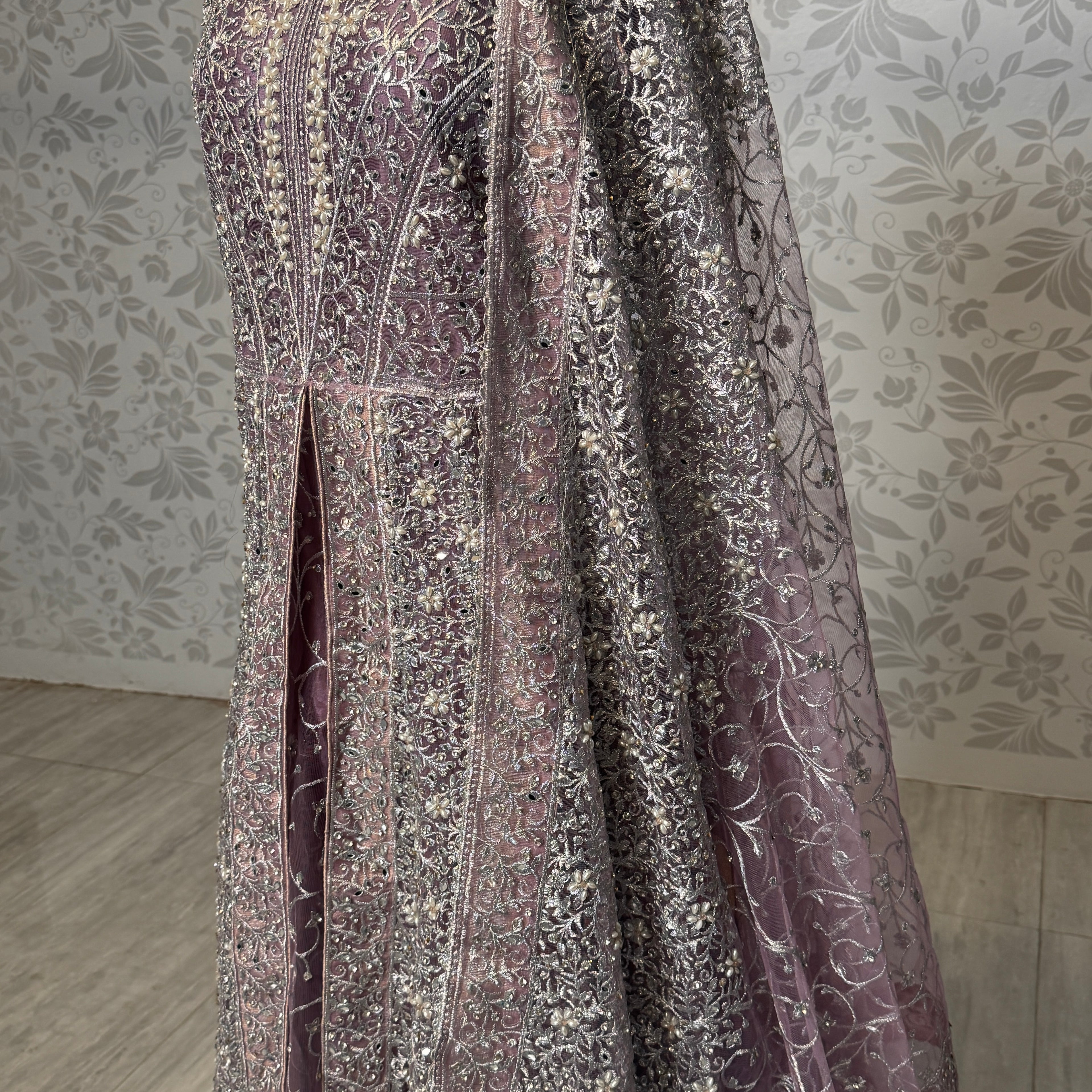 Bridal maxi for nikkah BM019 back tail view – lalic net with machine stone embroidery and dramatic flowing tail Pakistan
