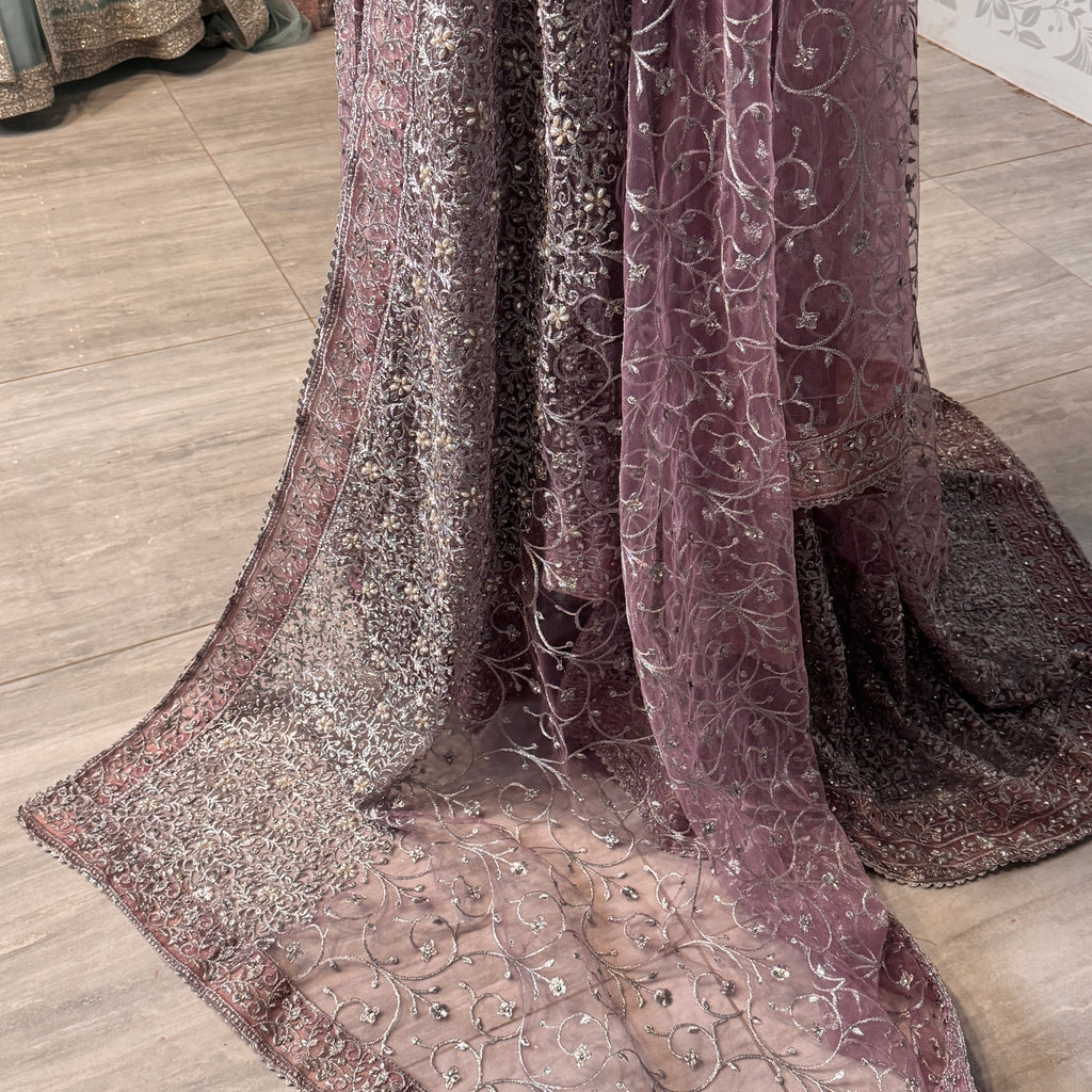 Bridal maxi for nikkah BM019 back tail view – lalic net with machine stone embroidery and dramatic flowing tail Pakistan
