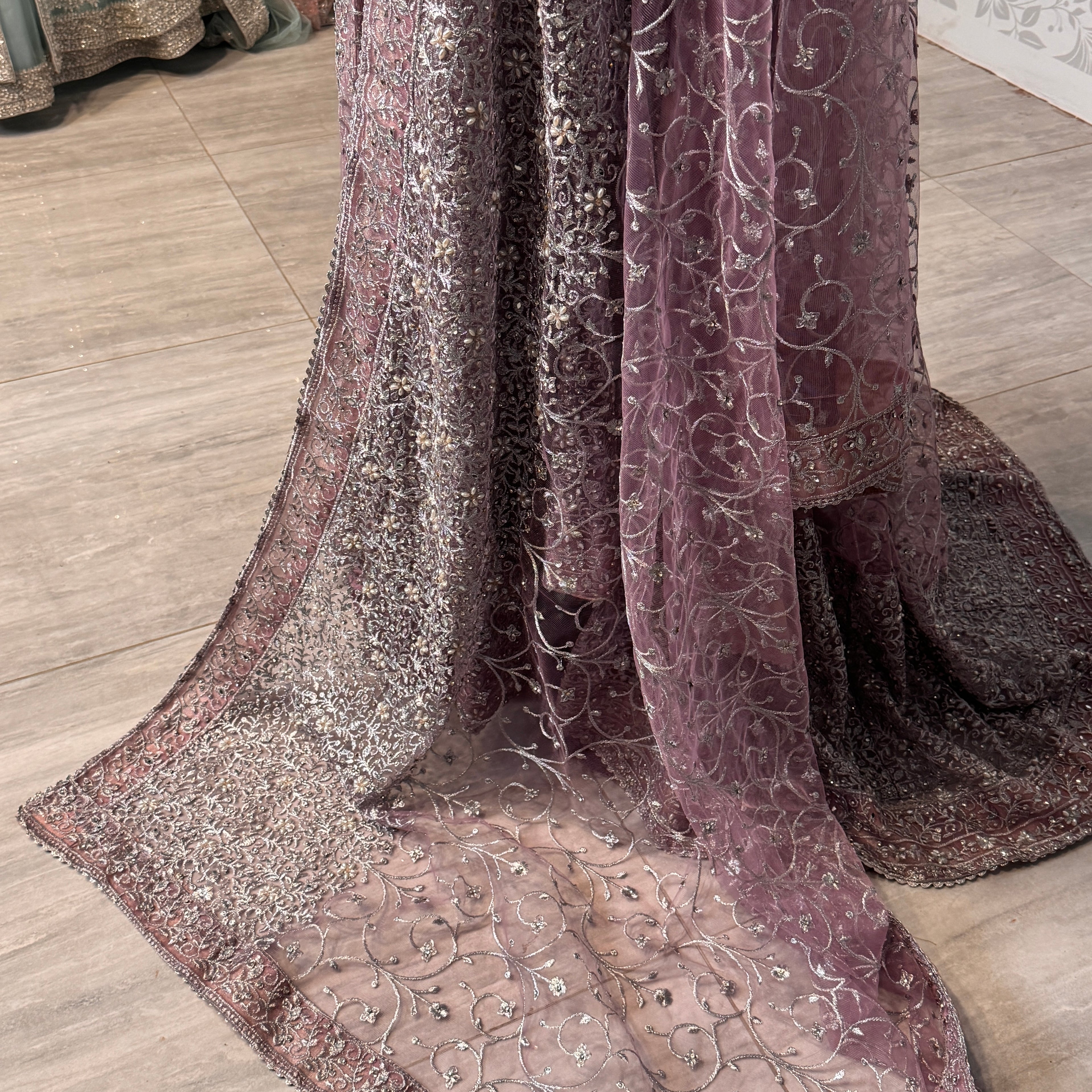 Bridal maxi for nikkah BM019 back tail view – lalic net with machine stone embroidery and dramatic flowing tail Pakistan
