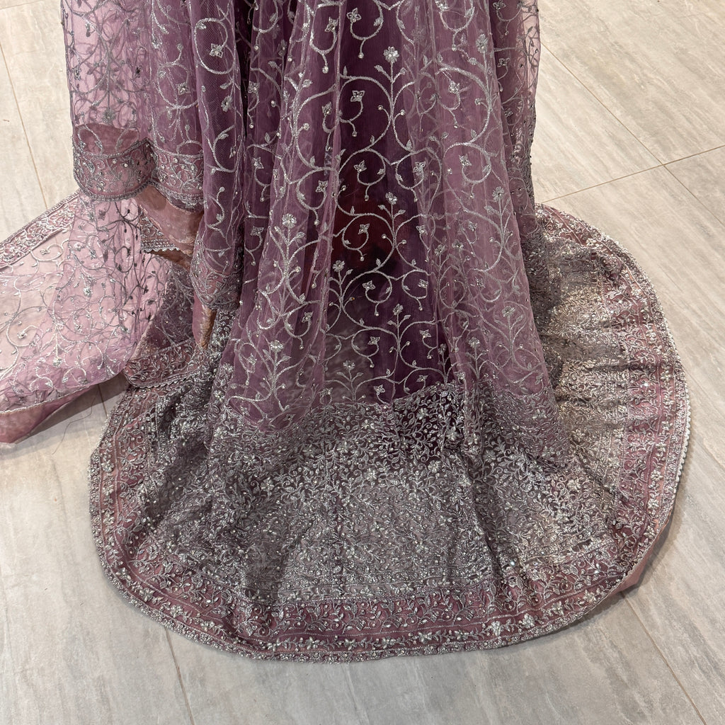 Bridal maxi for nikkah BM019 back tail view – lalic net with machine stone embroidery and dramatic flowing tail Pakistan
