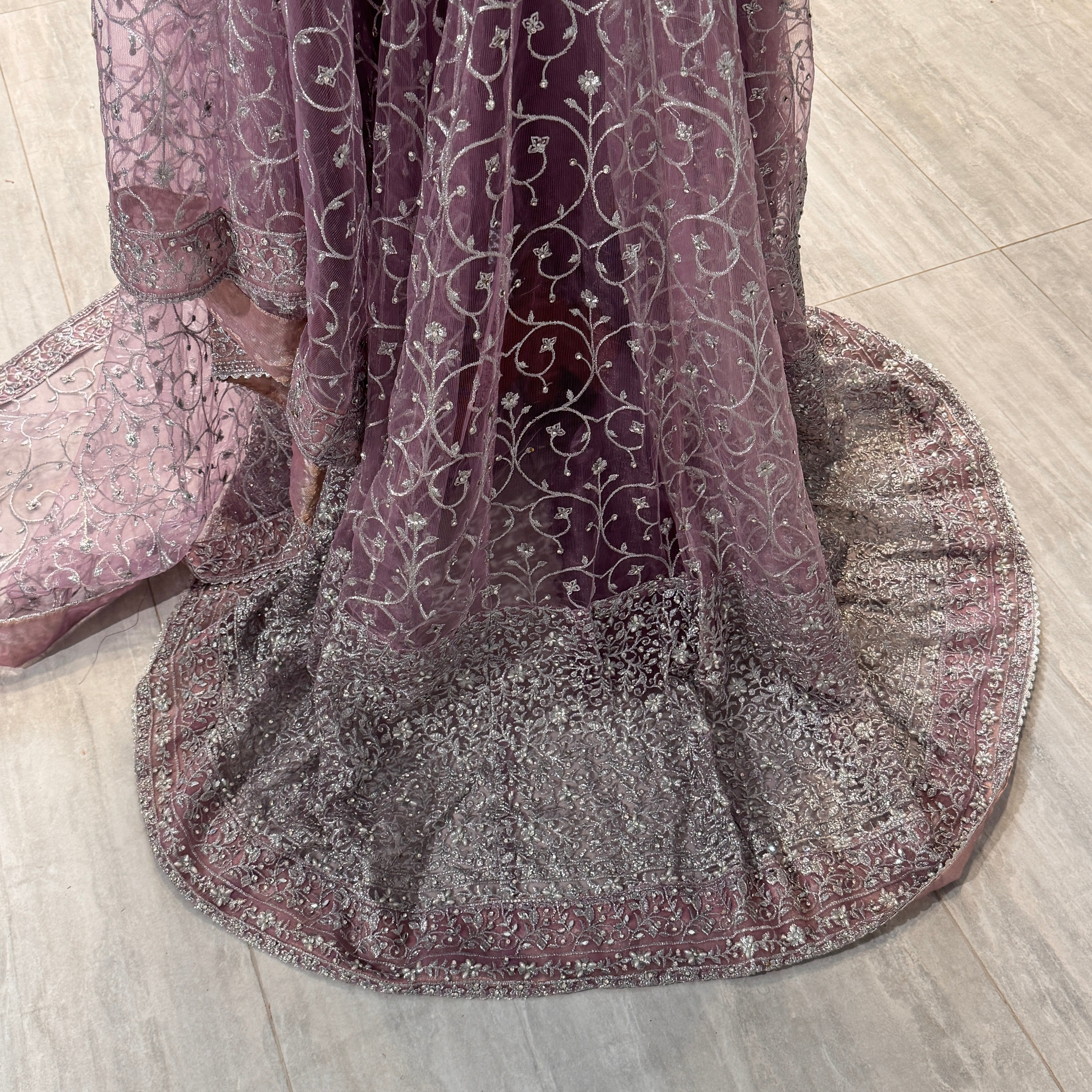 Bridal maxi for nikkah BM019 back tail view – lalic net with machine stone embroidery and dramatic flowing tail Pakistan
