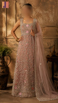 Bridal maxi BM017 full view – light peach net with kora nakshi resham jewelry hand work and double inner Pakistani wedding maxi dress
