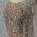 Bridal maxi for barat BM017 maxi close up – kora nakshi resham jewelry hand work detail on light peach net fabric
