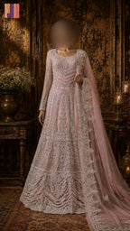 Bridal maxi BM023 full view – light pink net with kora dabka sequins crystal hand work Pakistani bridal maxi for barat
