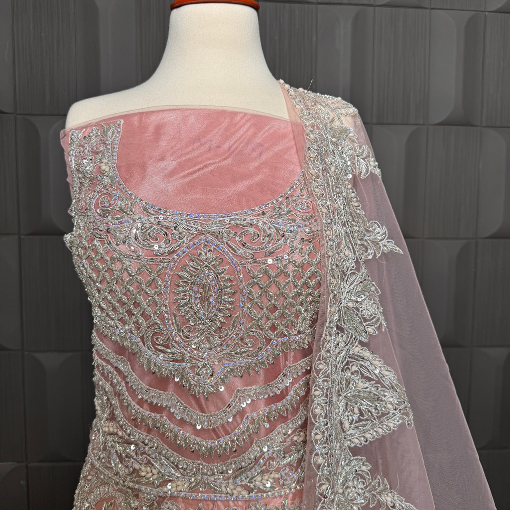 Bridal maxi for walima in Pakistan BM023 front view – light pink net with kora dabka sequins crystal hand work double inner
