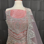 Bridal maxi for walima in Pakistan BM023 front view – light pink net with kora dabka sequins crystal hand work double inner
