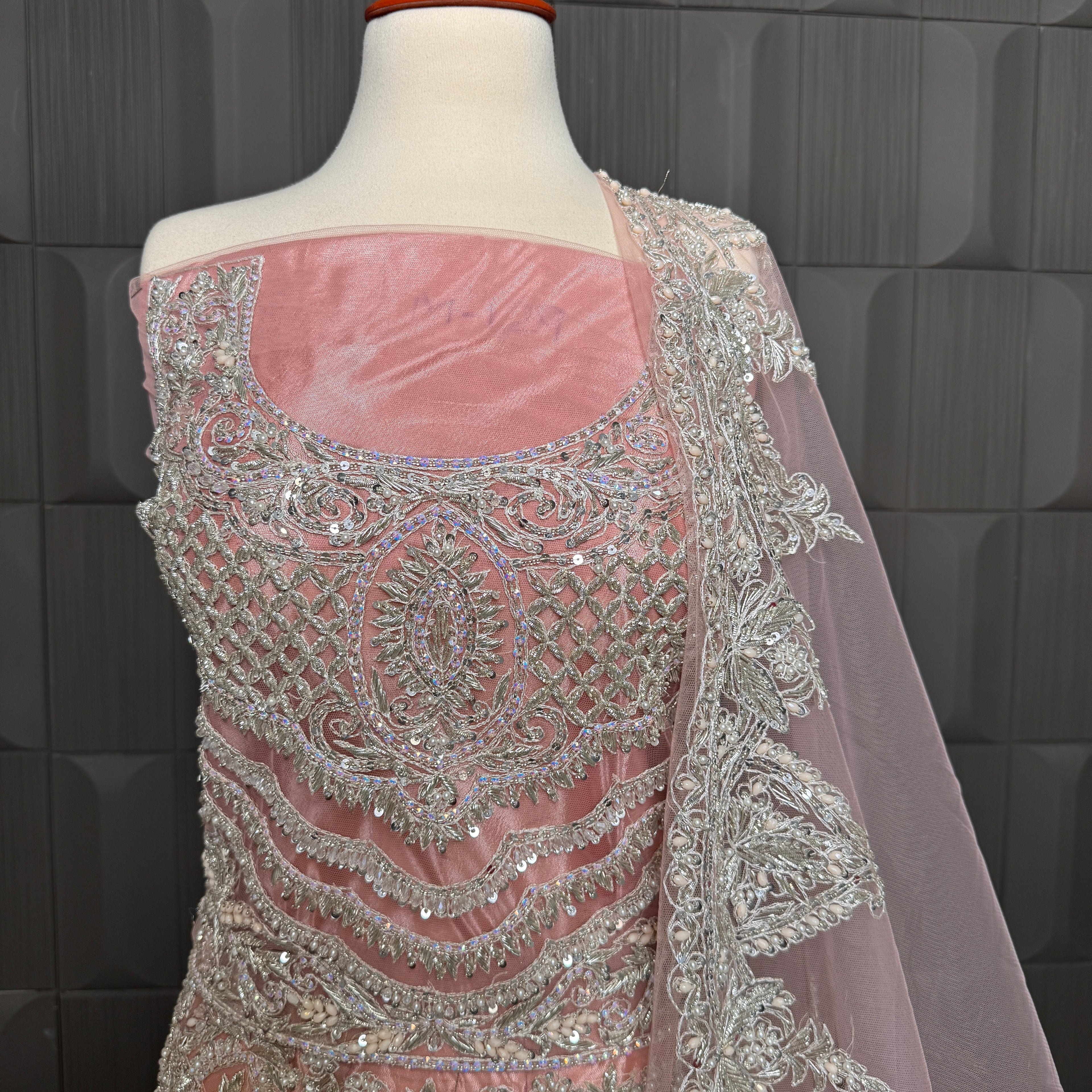 Bridal maxi for walima in Pakistan BM023 front view – light pink net with kora dabka sequins crystal hand work double inner
