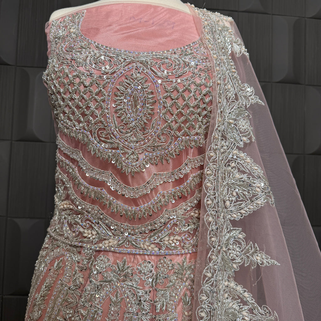 Bridal maxi for nikkah BM023 embroidery close up – kora dabka sequins crystal hand work detail on light pink net fabric
