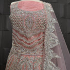 Bridal maxi for nikkah BM023 embroidery close up – kora dabka sequins crystal hand work detail on light pink net fabric
