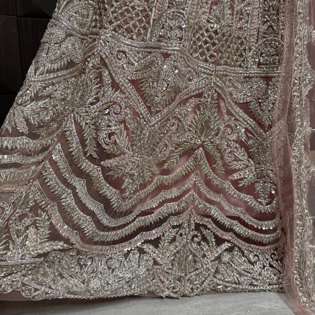 Bridal maxi for nikkah BM023 embroidery bottom close up – kora dabka sequins crystal hand work detail on light pink net fabric
