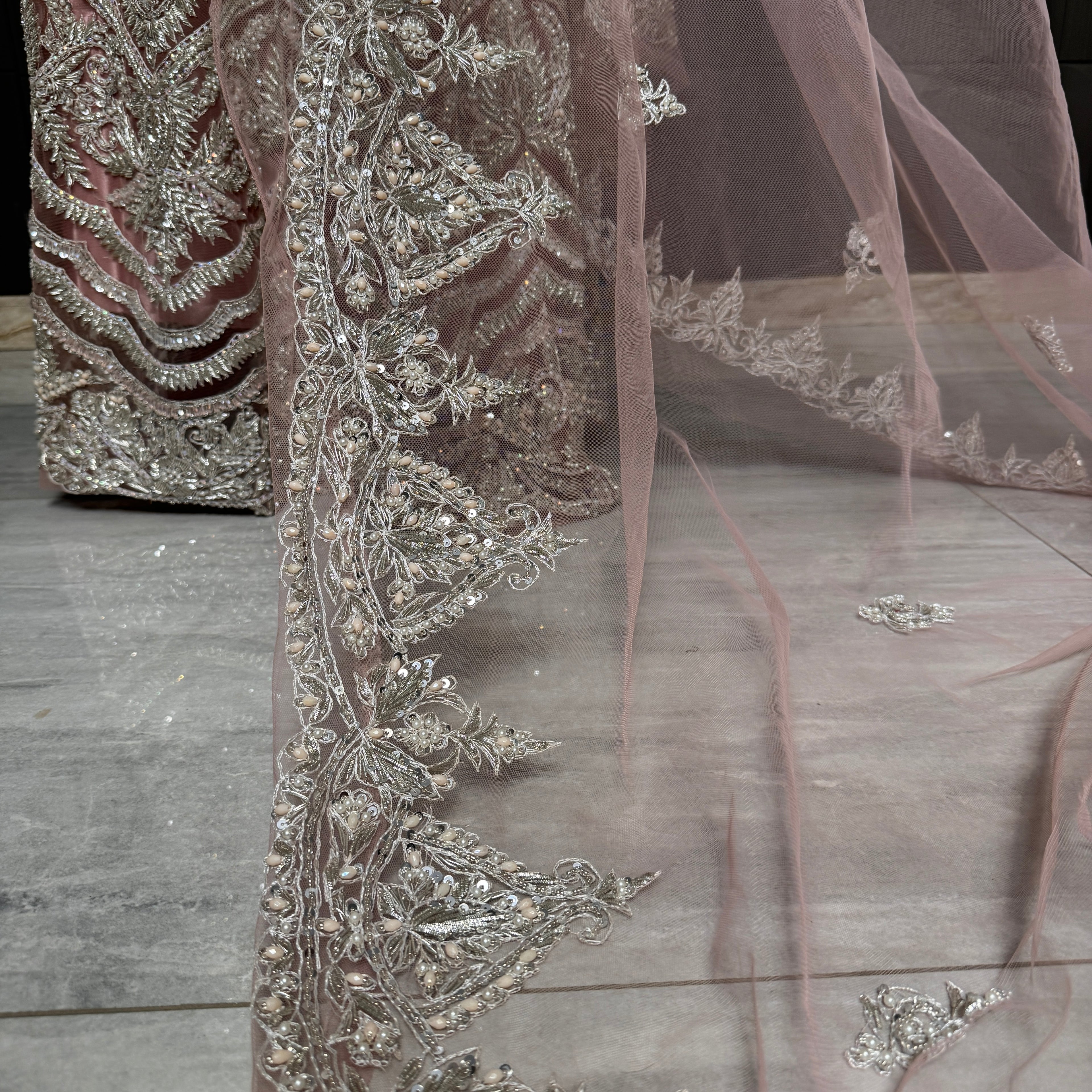 Bridal maxi for walima with price BM023 dupatta – light pink net one side heavy border matha patti boti work Pakistan
