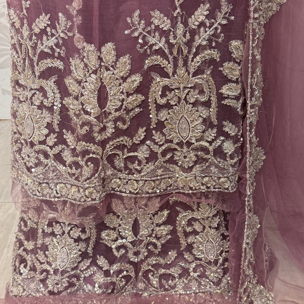 Bridal maxi for nikkah BM016 double inner view – lilac purple net with dabka jewelry embroidery and structured inner Pakistan
