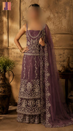 Bridal maxi BM016 full view – lilac purple net with dabka jewelry hand work and double inner Pakistani wedding maxi dress
