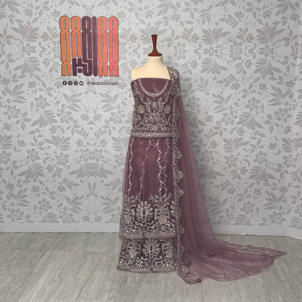 Bridal maxi for walima BM016 maxi view – lilac purple net with dabka and jewelry embroidery bridal Pakistan

