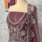 Bridal maxi for barat BM016 maxi close up – dabka jewelry hand work detail on lilac purple net fabric
