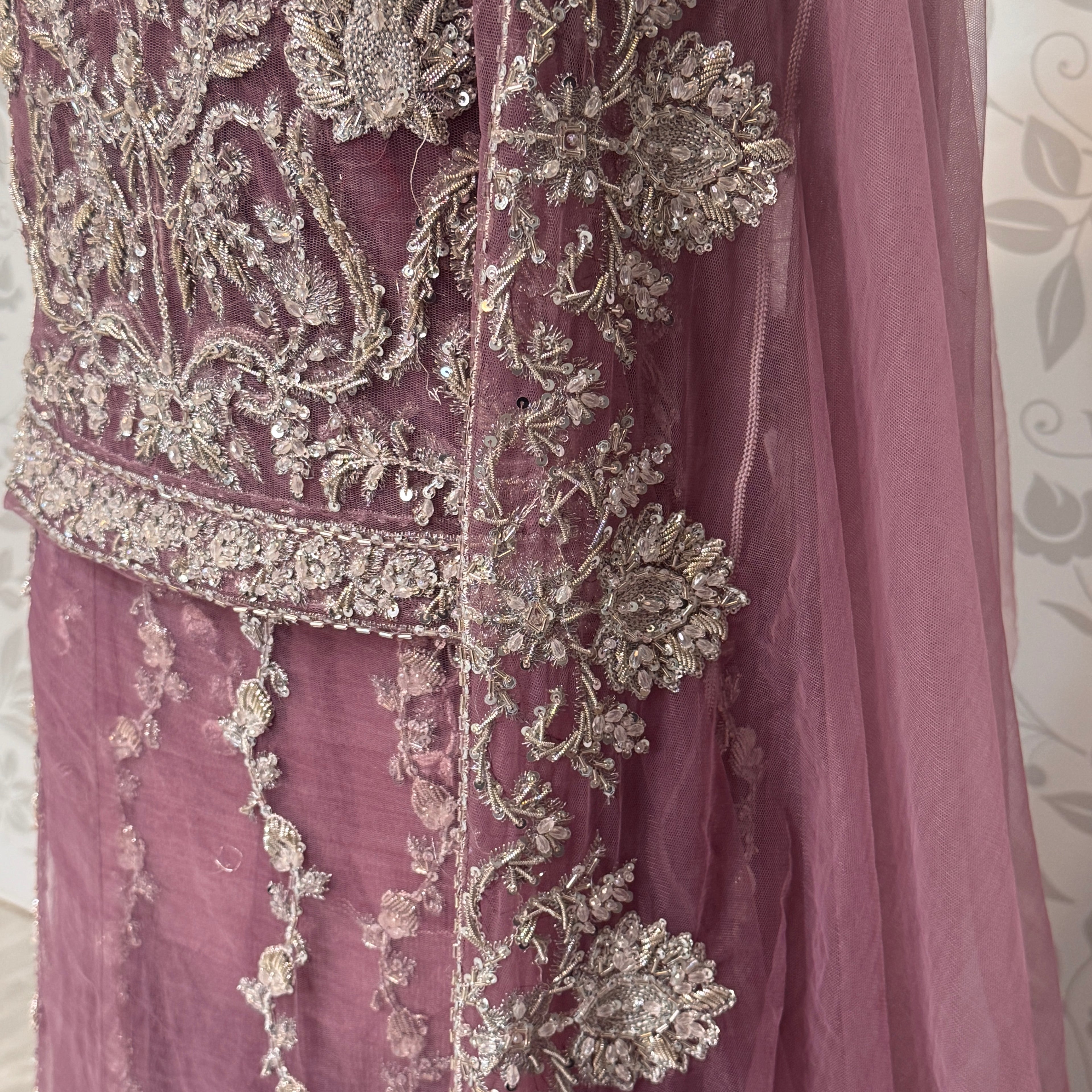 Bridal maxi for nikkah BM016 double inner view – lilac purple net with dabka jewelry embroidery and structured inner Pakistan

