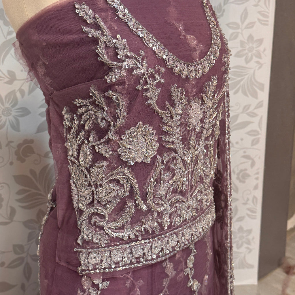Bridal maxi for barat BM016 maxi close up – dabka jewelry hand work detail on lilac purple net fabric
