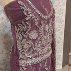Bridal maxi for barat BM016 maxi close up – dabka jewelry hand work detail on lilac purple net fabric
