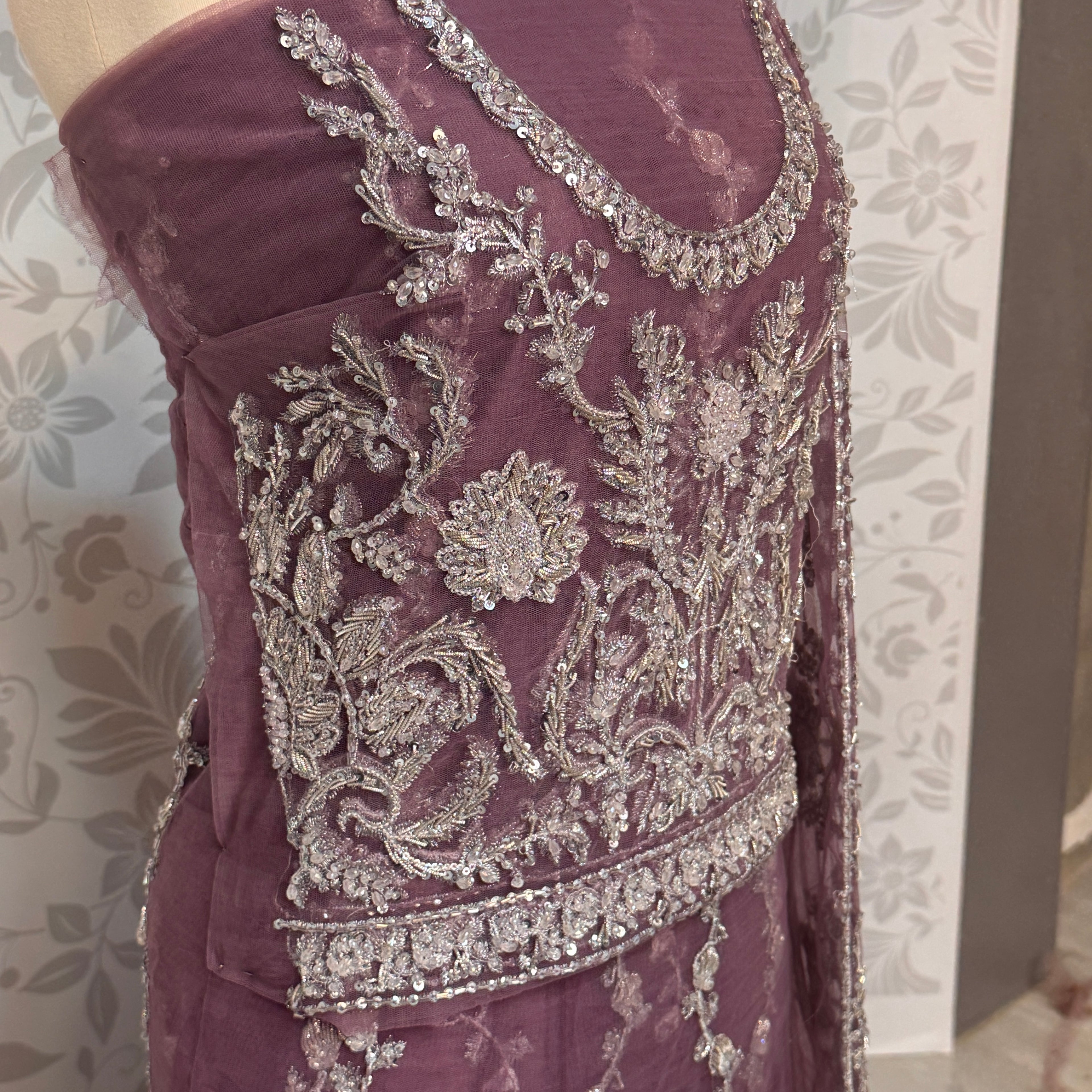 Bridal maxi for barat BM016 maxi close up – dabka jewelry hand work detail on lilac purple net fabric
