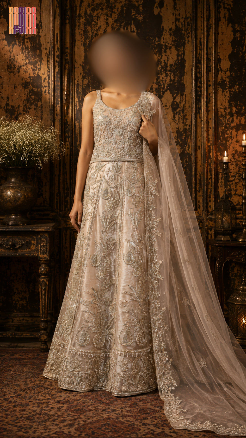 Bridal Maxi Hand Work Peach BM024 – Dakka Kora Jewelry Work Net Fabric Full View Pakistan
