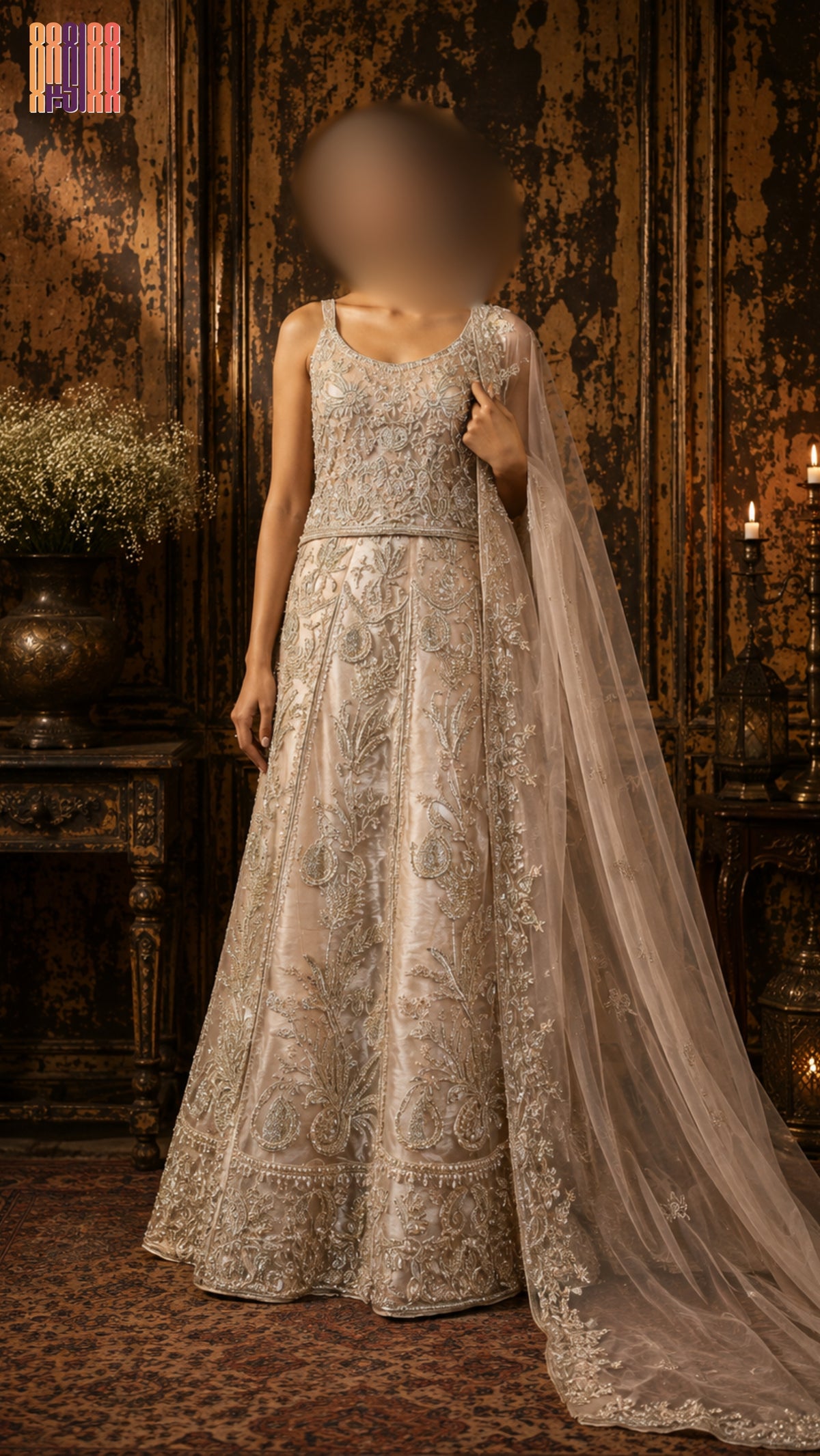 Bridal Maxi Hand Work Peach BM024 – Dakka Kora Jewelry Work Net Fabric Full View Pakistan
