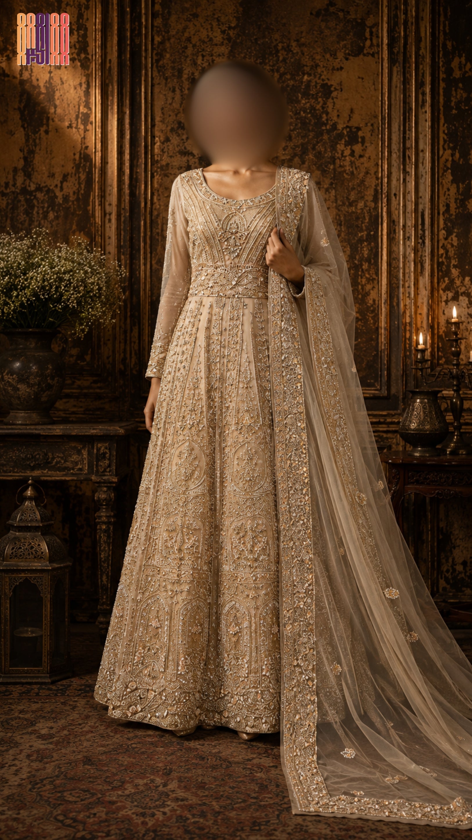Bridal maxi BM021 full view – skin gold net with dabka and jewelry hand work Pakistani bridal maxi for barat
