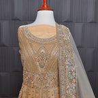 Bridal maxi for walima in Pakistan BM021 front view – skin gold net with dabka jewelry hand work double inner

