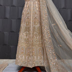 Bridal maxi for nikkah BM021 embroidery close up bottom – dabka and jewelry hand work detail on skin gold net fabric
