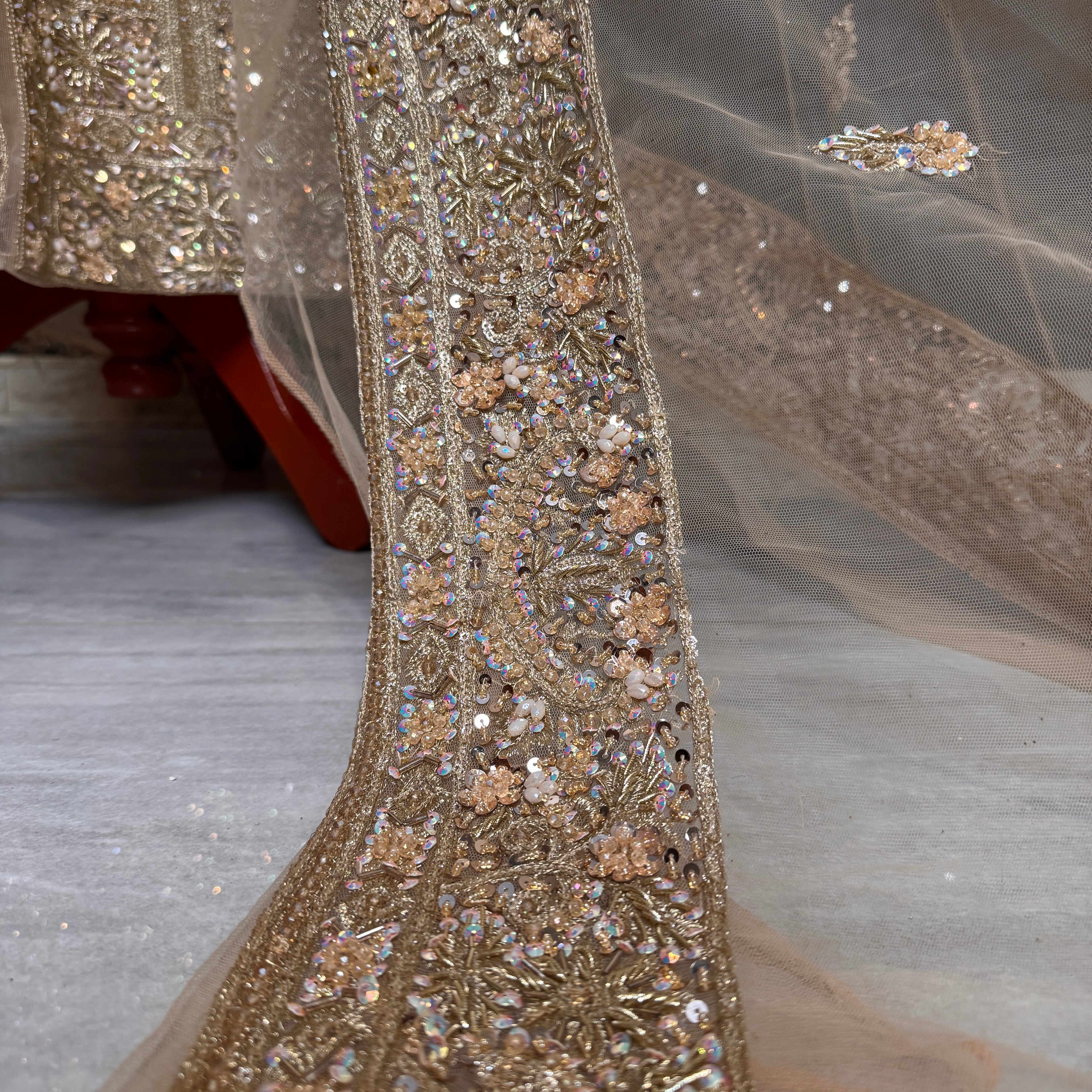 Bridal maxi for walima with price BM021 dupatta – skin gold net one side heavy border matha patti boti work Pakistan
