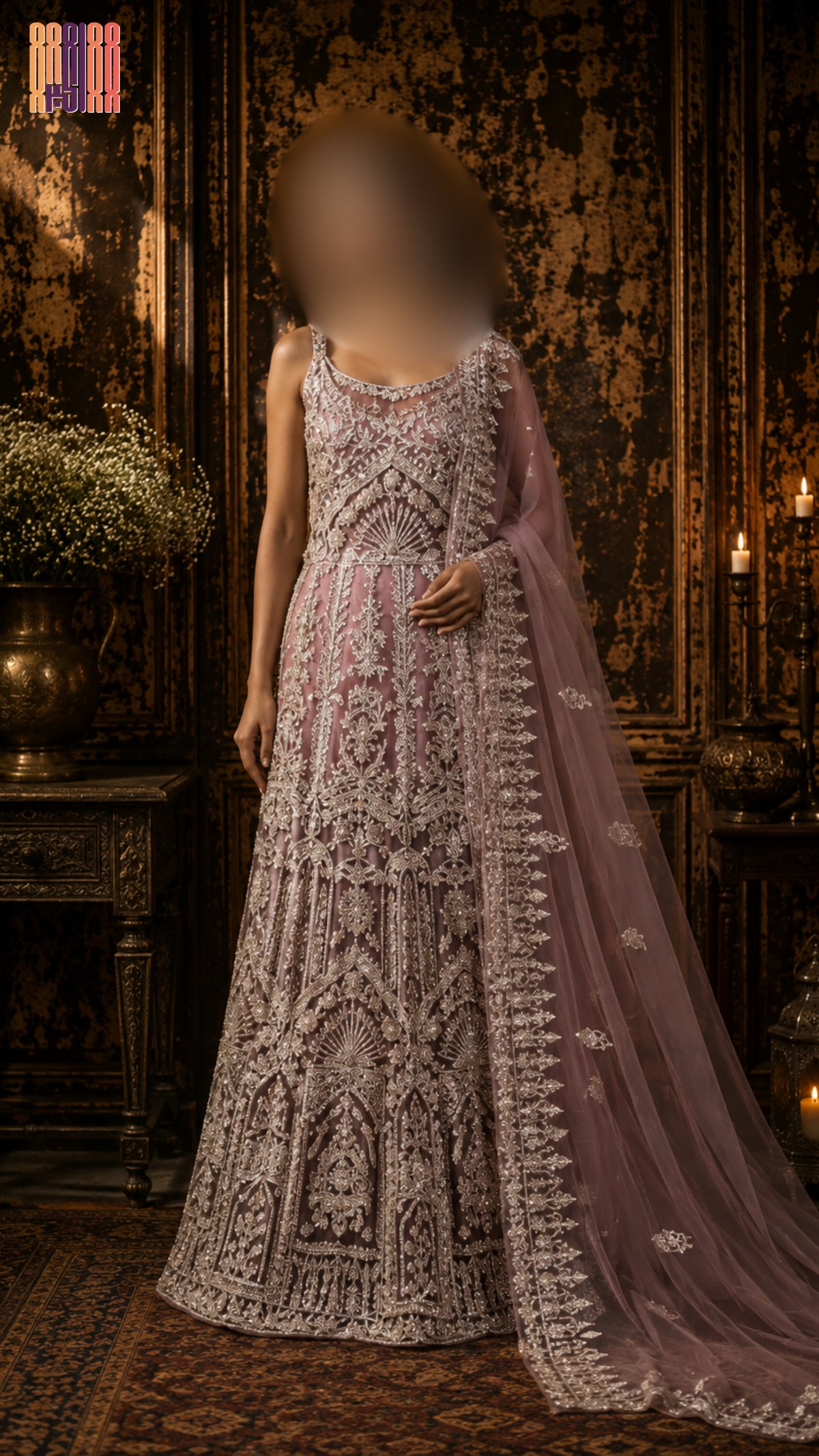 Bridal Maxi Hand Work Tea Pink BM026 – Dakka Kora Jewelry Work Net Fabric Pakistan
