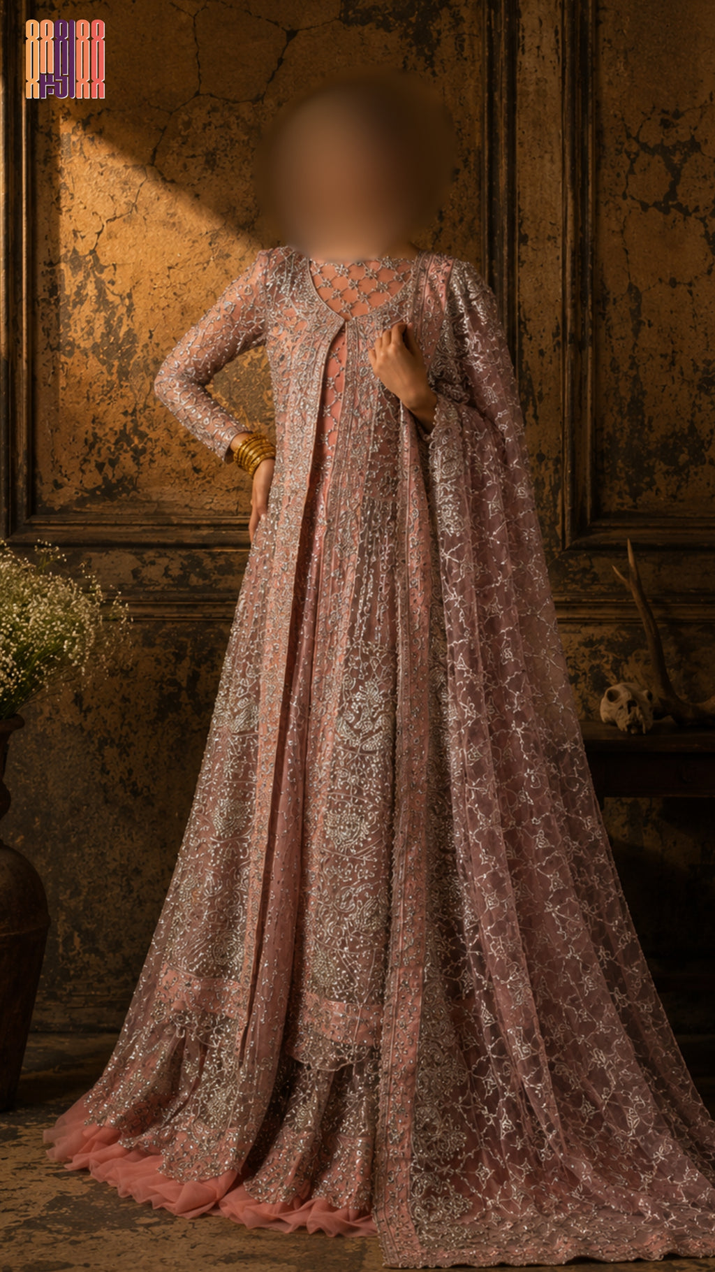 Bridal maxi BM020 full view – tea pink net with machinary work and double inner Pakistani wedding maxi dress
