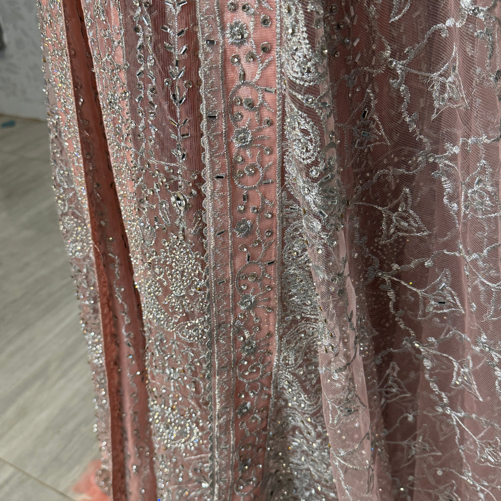 Bridal maxi BM020 dupatta – tea pink with heavy matha patti border and light three-side border Pakistani wedding maxi
