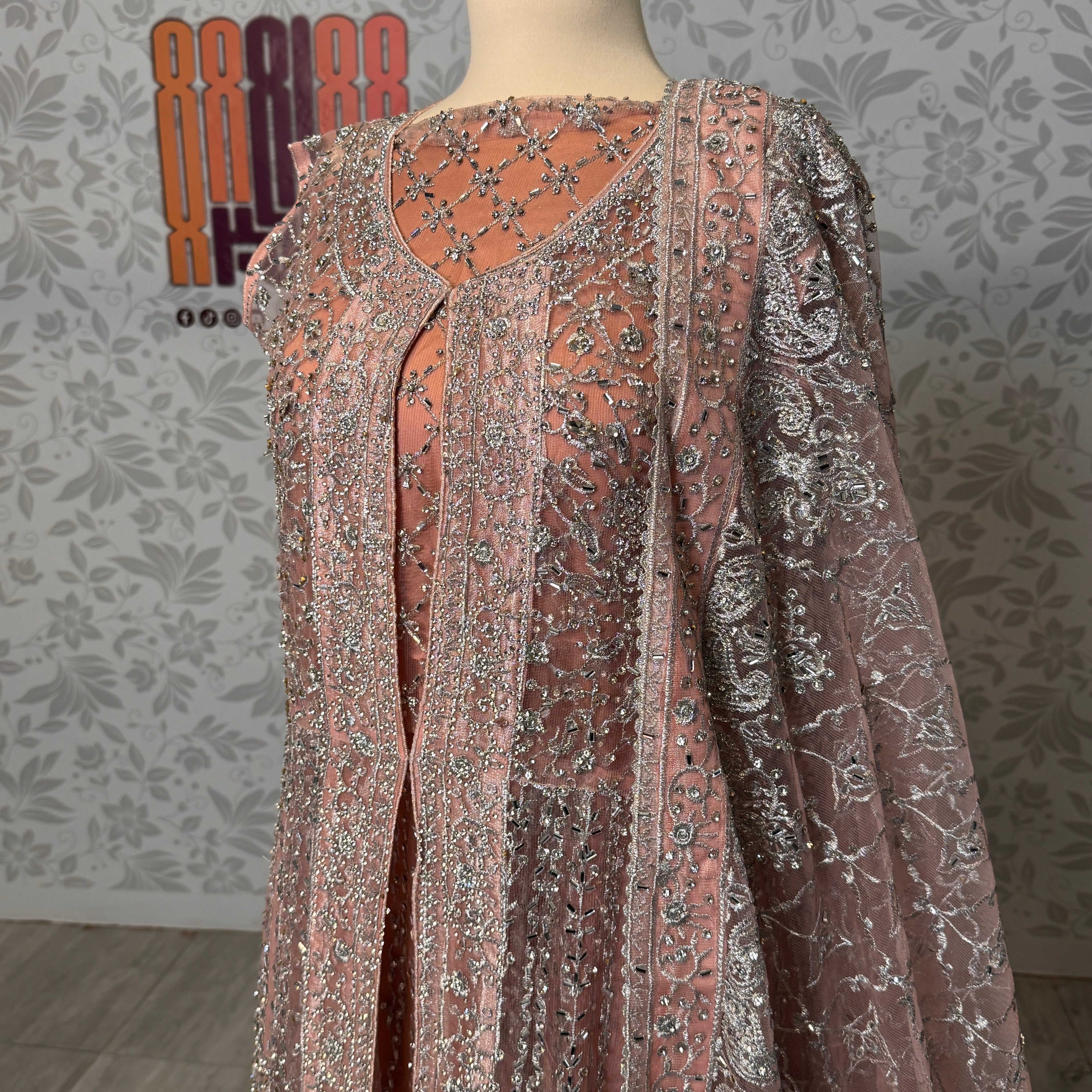 Bridal maxi for barat BM020 maxi close up – machinary work detail on tea pink net fabric

