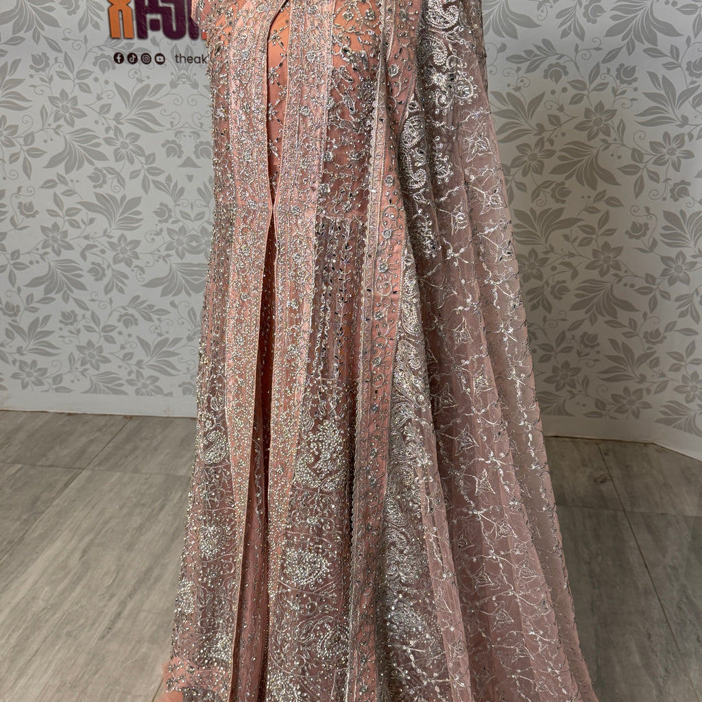 Bridal maxi for nikkah BM020 double inner view – tea pink net with machinary work and structured inner Pakistan
