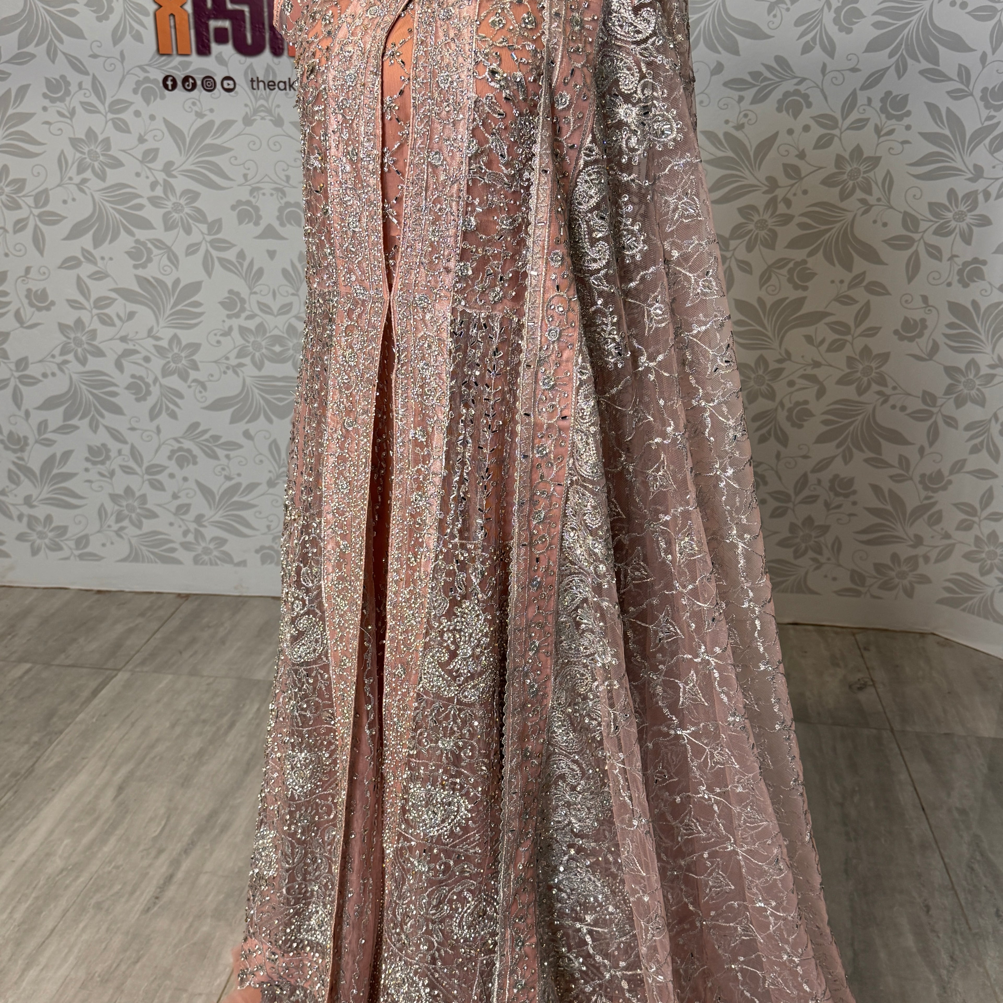 Bridal maxi for nikkah BM020 double inner view – tea pink net with machinary work and structured inner Pakistan
