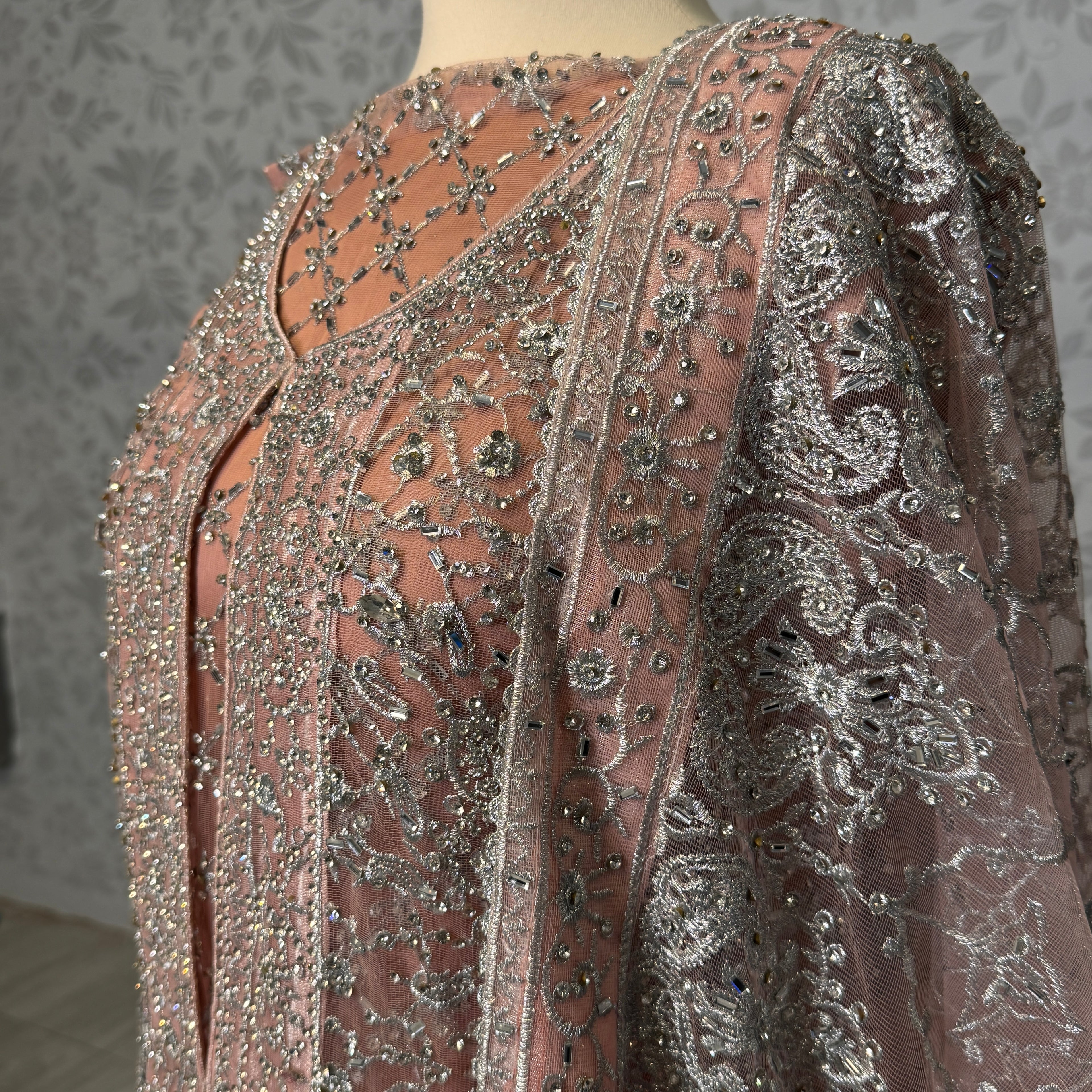 Bridal maxi for walima BM020 maxi view – tea pink net with machinary embroidery bridal Pakistan
