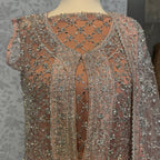 Bridal maxi for barat BM020 maxi close up – machinary work detail on tea pink net fabric
