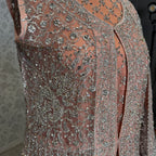 Bridal maxi for barat BM020 maxi close up – machinary work detail on tea pink net fabric
