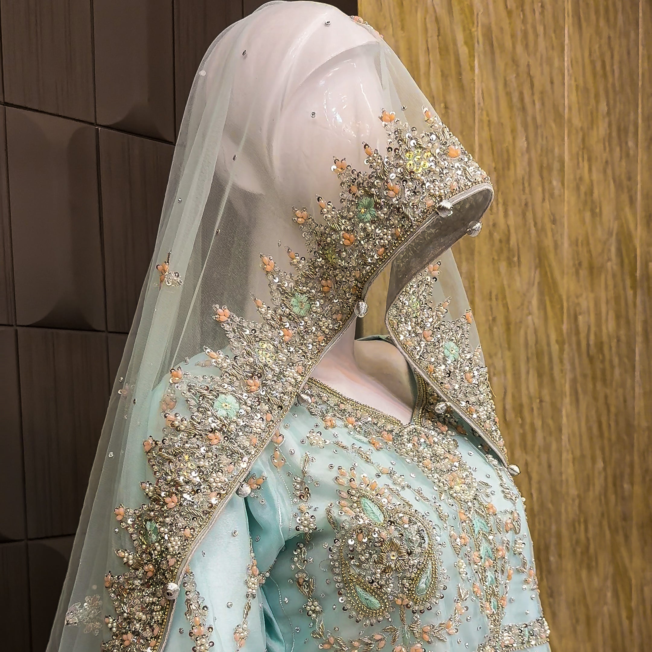 Ice blue bridal dupatta with heavy border handwork