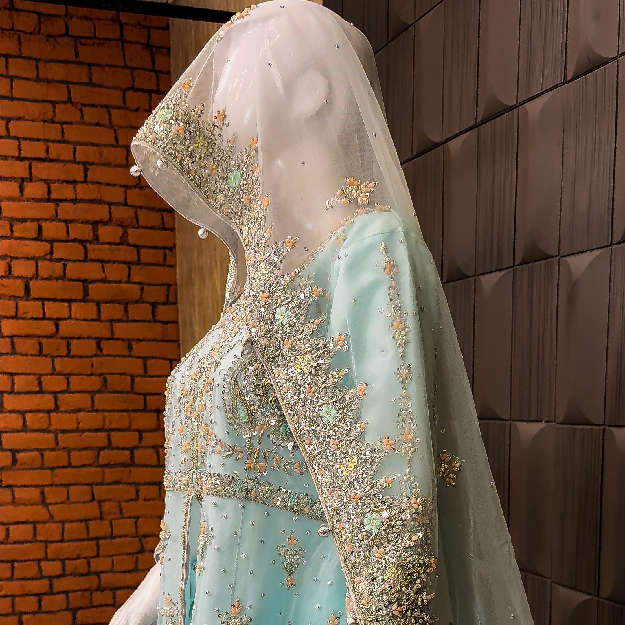 Ice blue bridal dupatta with heavy border handwork pakistan
