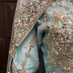Pakistani bridal lehenga with heavy kora and crystal handwork sleeves